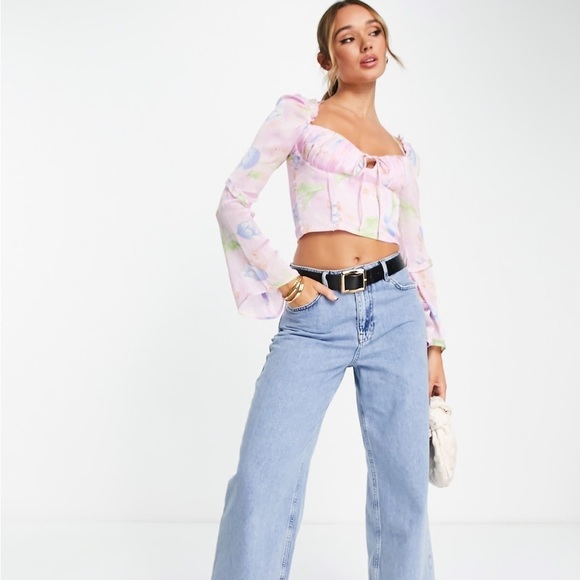 ASOS Design Corset Top With Ruffle Shoulder In Pink Occasion Floral Print Size 4 - Picture 2 of 15